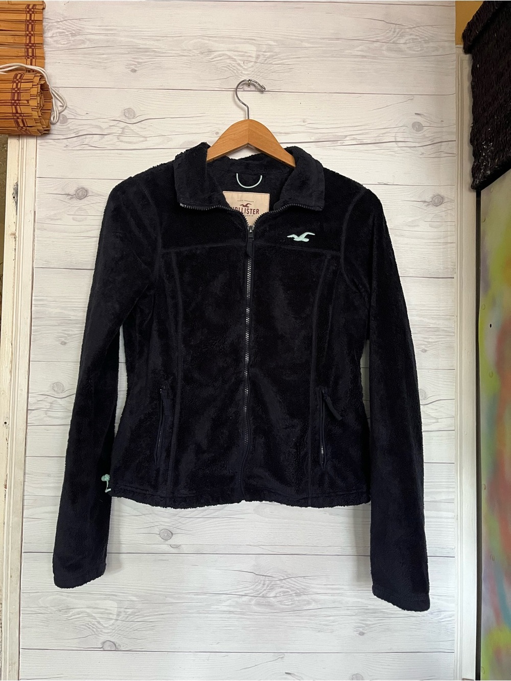 Hollister Fuzzy Fleece Jacket Full Zip Pockets Blue Size Medium